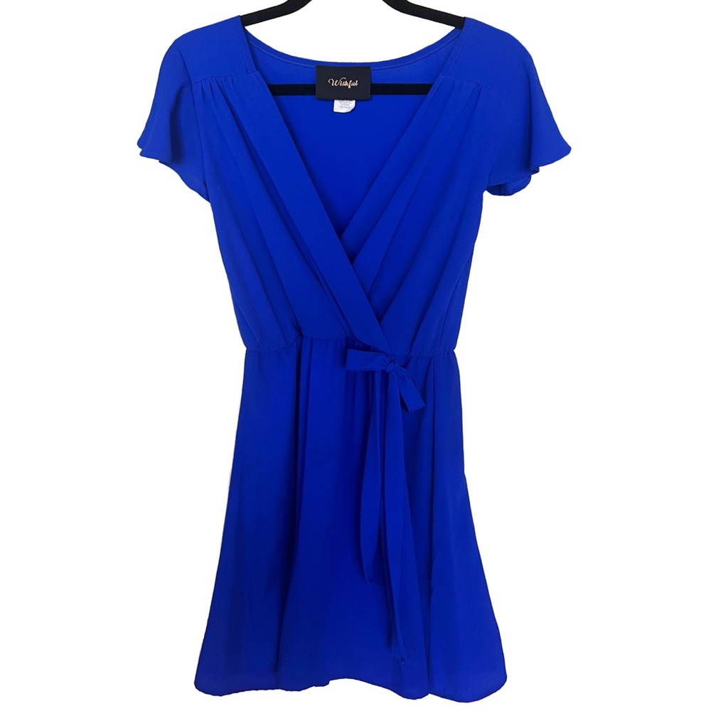EUC Royal Blue Faux Wrap Dress | Wishful Sash Bow Flutter Sleeve V-Neck Cobalt